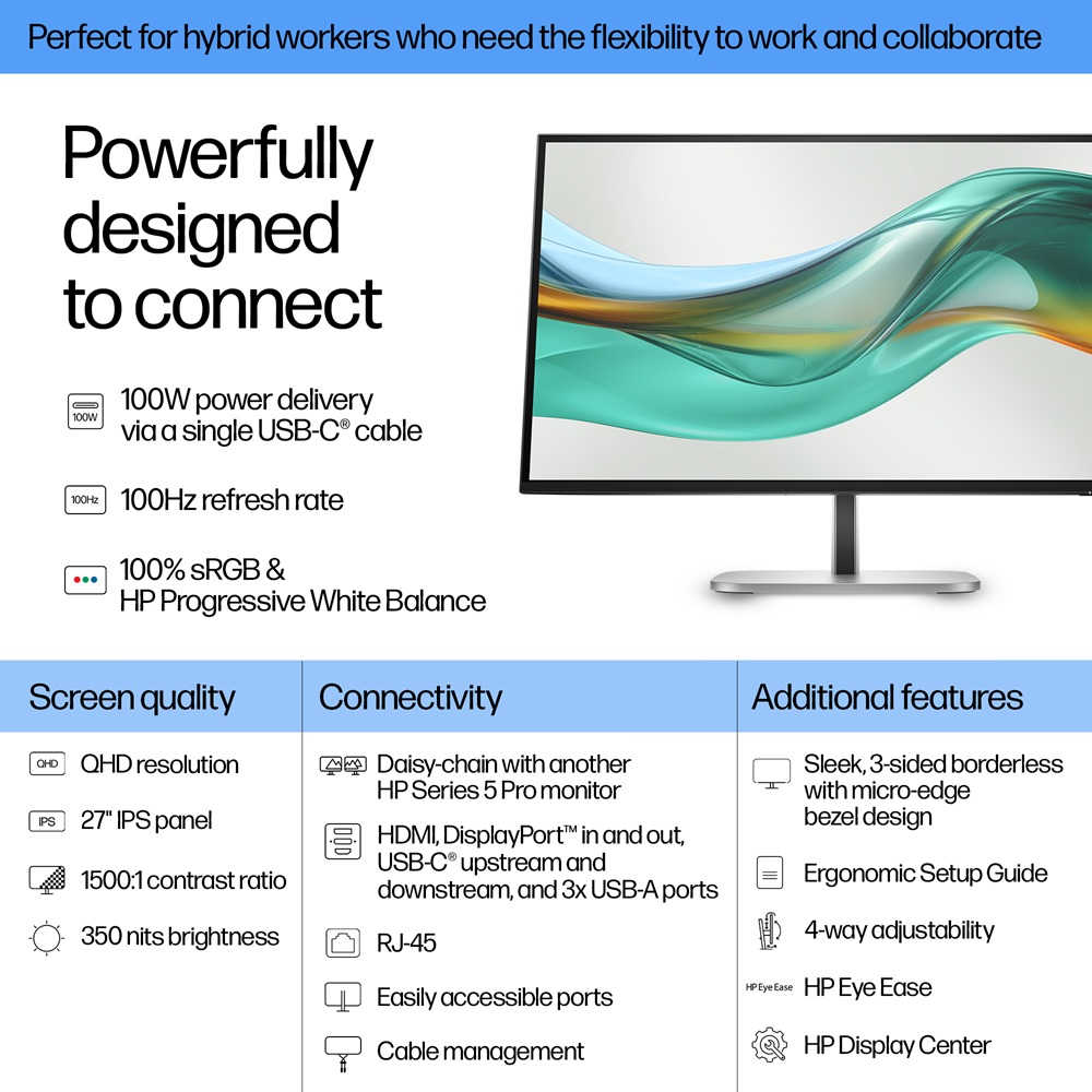 HP Series 5 Pro 527pu 27″ QHD USB‑C Monitor – IPS, 100Hz, 2560x1440, 100W Power Delivery Ex DEMO -1 YEAR WARRANTY - Image 3