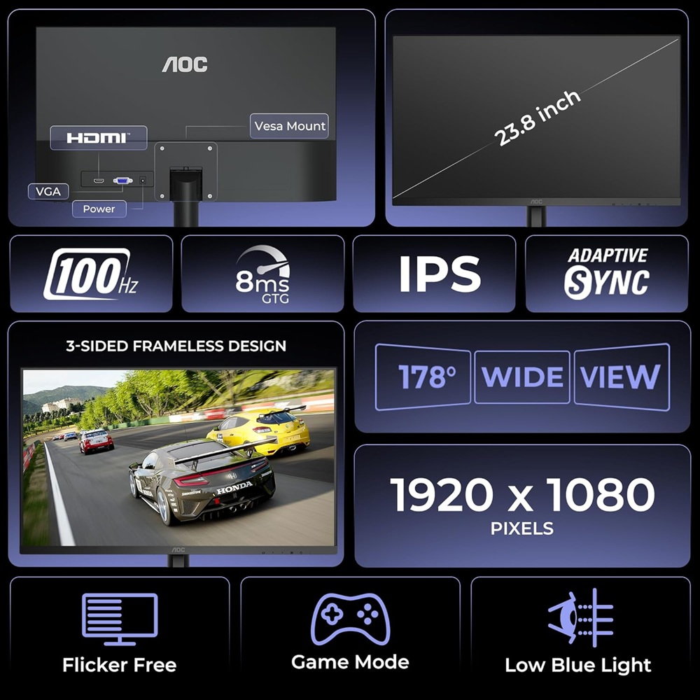 AOC 24B15H3 23.8" Full HD IPS Monitor | 120Hz Refresh Rate | 1ms MPRT | Adaptive Sync - Image 2